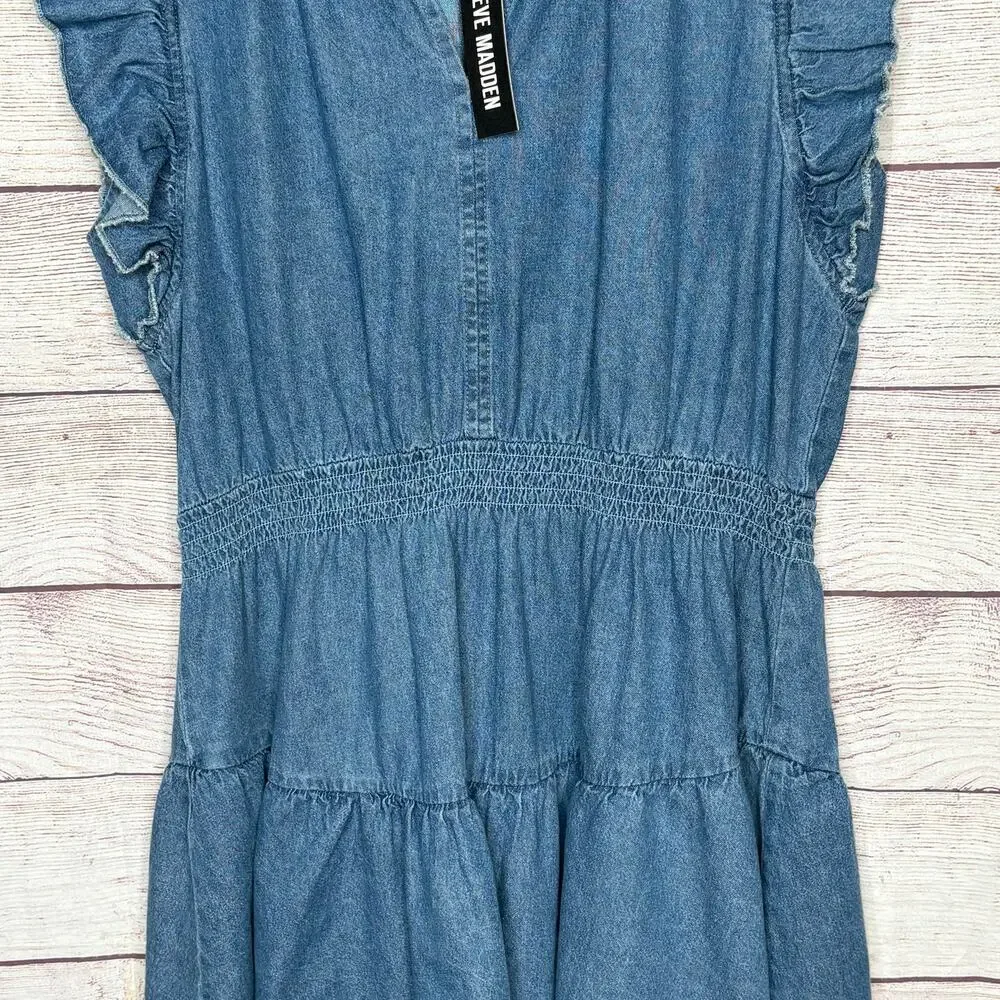 Steve Madden Prairie Dreams Chambray Blue Western Smocked Dress Size Large New - Picture 7 of 14